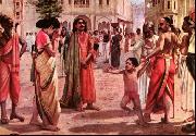Raja Ravi Varma Harischandra in Distress, having lost his kingdom and all the wealth parting with his only son in an auction oil painting on canvas